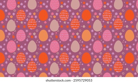 Vibrant Easter eggs and floral motifs on a purple background in a seamless festive pattern.