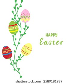 Vibrant Easter eggs with intricate designs are arranged alongside green foliage Joyful greeting celebrating Easter in bright colors Festive atmosphere captures the essence of spring Text Happy Easter