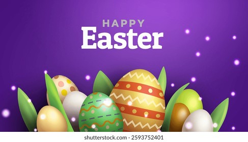 Vibrant Easter eggs with intricate patterns on a purple background. Vector Illustration