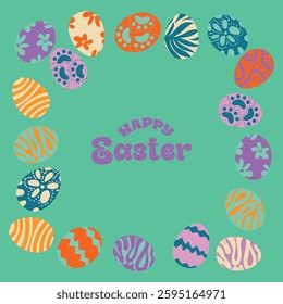 Vibrant Easter eggs in neon shades arranged in a festive frame with "Happy Easter" text. Perfect for seasonal greetings, cards, and digital designs.