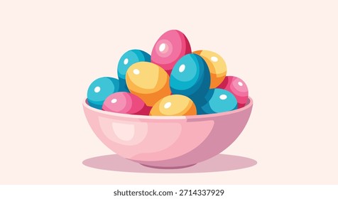 Vibrant Easter eggs in a pink bowl create a cheerful display of glossy blue pink yellow and teal colors that brighten a soft pastel kitchen scene.