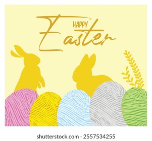 Vibrant Easter features silhouettes of yellow bunnies and multicolored eggs on a light background.  Flat vector modern illustration