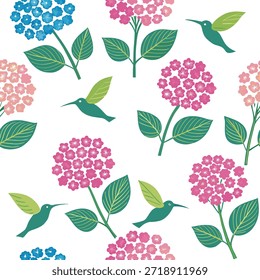 Vibrant Easter hydrangeas and hummingbirds seamless tile pattern with lively spring colors concept as Lively spring colors feature vibrant Easter hydrangeas and hummingbirds in seamless tile pattern in Photo Stock Concept and empty space on the left side,no text --ar 7:2 --tile
