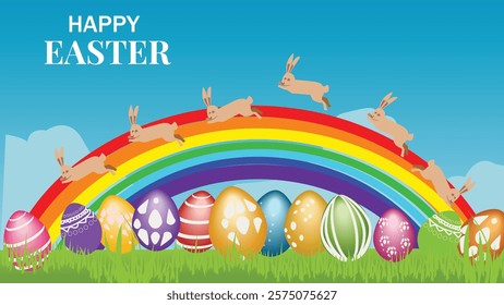 A vibrant Easter scene featuring colorful Easter eggs and a rainbow, with bunnies hopping across it. The scene is set on a grassy field with the text 'Happy Easter' in bold