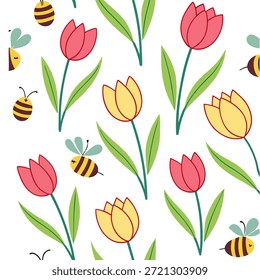 Lebendige Ostertulpen und Bienen nahtloses Fliesenmuster mit lebendigen Federelementen Konzept als Lebendige Federelemente wie lebendige Ostertulpen und Bienen schaffen nahtloses Fliesenmuster in Foto Stock Concept und leerem Raum auf der linken Seite, kein Text —ar 7:2 —tile