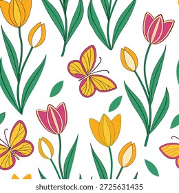Lebendige Ostertulpen und Schmetterlinge nahtloses Fliesenmuster mit lebendigen Federelementen Konzept als Lebendige Federelemente wie lebendige Tulpen und Schmetterlinge schaffen nahtloses Fliesenmuster für Ostern in Foto Stock Konzept und leerer Raum auf der linken Seite, kein Text —ar 7:2 —tile