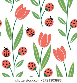 Vibrante tulipanes de Pascua y mariquitas sin patrón de azulejos con coloridos acentos de primavera concepto como acentos de primavera coloridos con vibrantes tulipanes de Pascua y mariquitas crean patrón de azulejos sin fisuras en Foto de archivo Concepto y espacio vacío en el lado izquierdo, sin texto --ar 7:2 --azulejo