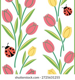 Tulipas de Páscoa vibrantes e joaninhas padrão de azulejos sem costura com mola colorida conceitos de sotaques de mola coloridos com tulipas de Páscoa vibrantes e joaninhas criam padrão de azulejos sem costura no Conceito de Stock de Foto e espaço vazio no lado esquerdo, sem texto —ar 7:2 —tile