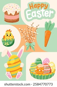 A vibrant Easter-themed collage featuring a traditional Easter cake, a cute chick hatching from an egg, willow branches, a carrot, and colorful decorated eggs.