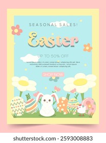 A vibrant Easter-themed sale poster featuring a cute bunny and decorated eggs, perfect for spring promotions.