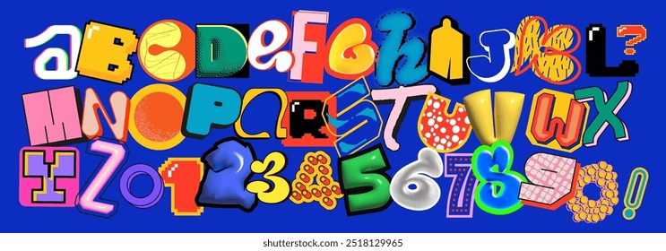 A vibrant and eclectic 3D alphabet featuring a variety of letters and numbers in different styles and shapes. Suitable for fun and creative designs, kids projects, posters and holiday events.