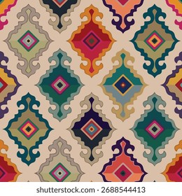  Un patrón bohemio vibrante y ecléctico inspirado en los textiles tradicionales Ikat y kilim. Coloridas Formas de diamantes geométricos en tonos joya crean un aspecto animado, festivo e inspirado en todo el mundo.
