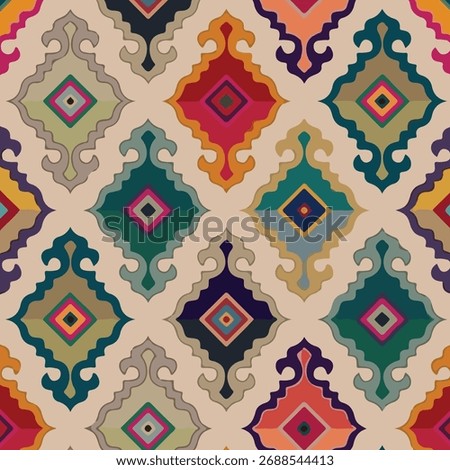  A vibrant and eclectic bohemian pattern inspired by traditional Ikat and kilim textiles. Colorful, jewel-toned geometric diamond shapes create a lively, festive, and globally-inspired look.
