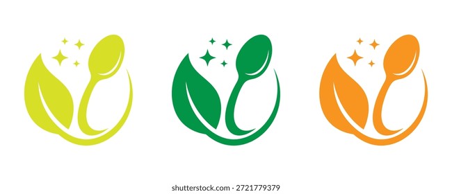 Diseños vibrantes de logotipos ecológicos para marcas y empresas sostenibles. Logos vibrantes de hojas y cucharas. Un conjunto moderno, que transmite frescura y salud. 