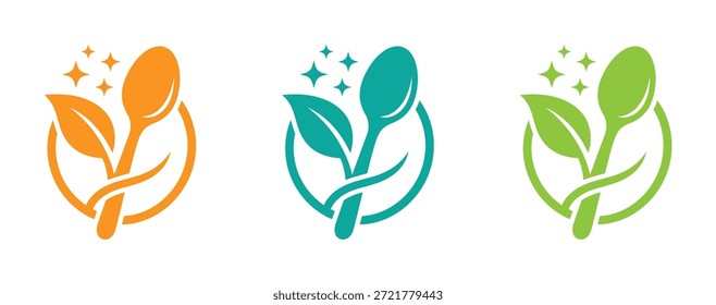 Diseños vibrantes de logotipos ecológicos para marcas y empresas sostenibles. Logos vibrantes de hojas y cucharas. Un conjunto moderno, que transmite frescura y salud. 