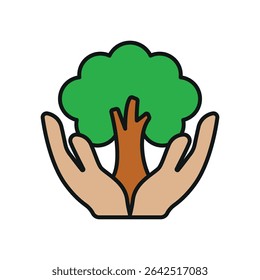 Vibrant eco icon of tree in hands for ecology projects and green education visuals.