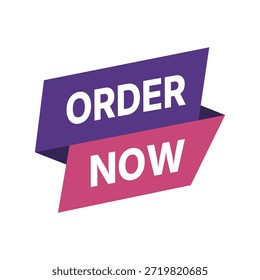 Un gráfico vibrante de llamada a la acción de comercio electrónico con un diseño de cinta afilada y doblada en púrpura y magenta. El texto "Pedir ahora" está configurado en una fuente sans-serif blanca y negrita, lo que lo hace perfecto para ventas de Sitios web, publicaciones promocionales en redes sociales y Botones de publicidad minorista.