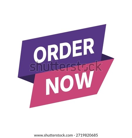 A vibrant e-commerce call to action graphic featuring a sharp, folded ribbon design in purple and magenta. The "Order Now" text is set in a bold white sans-serif font, making it perfect for website sales, promotional social media posts, and retail advertising buttons.