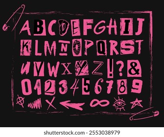 Diseño gráfico vibrante y vanguardista muestra una variedad de letras y símbolos en un llamativo rosa sobre un fondo negro. El arreglo artístico resalta la creatividad y el estilo.