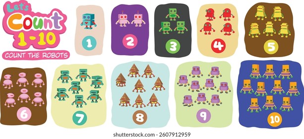 A vibrant educational poster for kids to count. It features ten sections, each showcasing a colorful group of distinct robots for numbers 1 through 10, making counting fun and engaging!