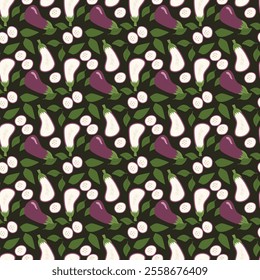 Vibrant eggplant pattern with sliced and whole vegetables on dark background.