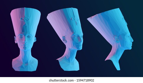 Vibrant Egyptian Queen Nefertiti. Set of Holographic Cleopatra Sculptures on Isolated Background. Low Poly Vector 3D Rendering