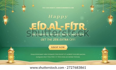 Vibrant Eid al Fitr promo banner featuring glowing lanterns, a lush green background, and bold text announcing blessings, discounts, and a shop now call to action.