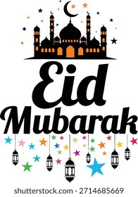 Vibrant Eid Mubarak celebration with mosque and colorful stars