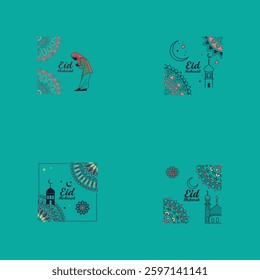 A vibrant Eid Mubarak greeting card illustration featuring traditional Islamic patterns, a crescent moon, and a mosque silhouette, conveying festive joy and blessings.