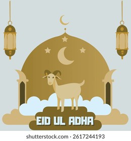 Vibrant Eid ul Adha illustration with festive elements such as a goat and Islamic designs.