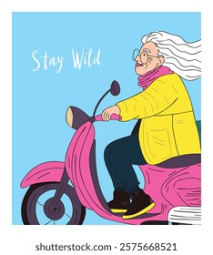 Vibrant Elderly Woman Riding Scooter with Stay Wild Message. Embracing Freedom and Self-Expression