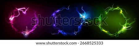 Vibrant electric effects with circle formations and bolt patterns for dynamic light displays or energy backgrounds with neon glow elements. Colorful lightning designs for modern digital projects.