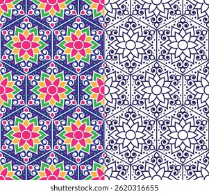 Padrão de hexágono floral vibrante e elegante com um design dividido colorido e monocromático. Perfeito para têxteis, papéis de parede, impressões decorativas, embalagens e projetos artísticos.