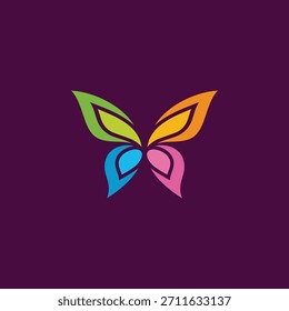 Una Ilustración vectorial vibrante y elegante de una mariposa con alas multicolores, que simboliza la transformación, la expresión creativa y el crecimiento dinámico en un diseño de logotipo moderno