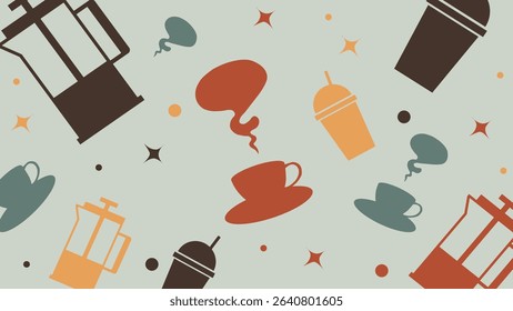 Vibrant elements of coffee presses, takeaway cups, and steam on light green background. Ideal for modern coffee branding and shop design.
