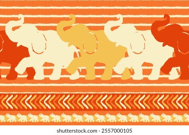 Vibrant Elephant Parade A Colorful Ikat Seamless Pattern of Elephants in Shades of Orange, Yellow, and Cream with Decorative Stripes and Chevron Designs, Perfect for Wallpaper, Textiles