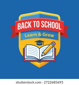 A vibrant emblem signifying the start of the school year, featuring a graduation cap, an open book, and a pencil.