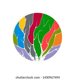 vibrant emblems and logo design with the theme of abstract trees and roots in a circular style