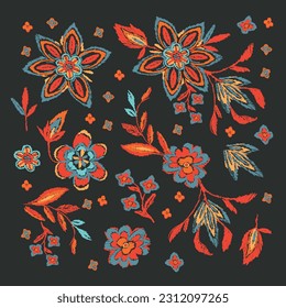 Vibrant embroidered floral pattern, perfect for textiles and apparel