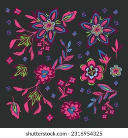 Patrón floral bordado vibrante, perfecto para textiles y prendas de vestir