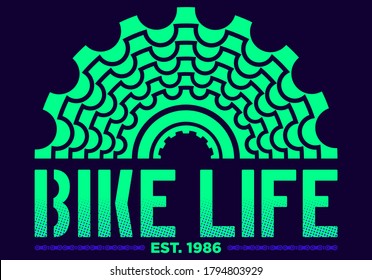 Vibrant emerald Green Bike Life legend with half back bycicle cassette and bike chain lines over dark blue background. Ideal for t-shirts, stamps and cycling things