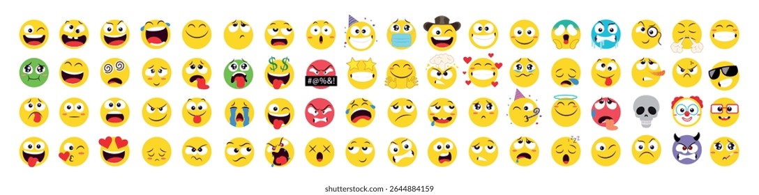 Vibrant emoji set with diverse facial expressions including happy, angry, sad, silly, and surprised. Perfect for digital design, stickers, or messaging apps.