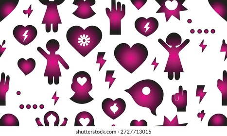 A vibrant and empowering seamless pattern featuring diverse symbols of strength, love, and individuality, perfect for graphic design projects celebrating women and positive affirmations,