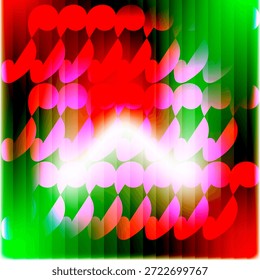A vibrant and energetic abstract background. It features a base vertical gradient transitioning from red to green. This is overlaid with a repeating pattern of bright red and magenta wavy wing-like shapes. A bright light source glows intensely in the center horizontally, illuminating the pattern with a white and pink flare.