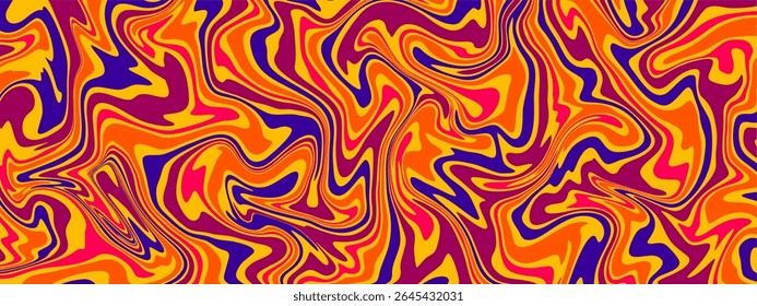A vibrant and energetic abstract background featuring a psychedelic liquid marble pattern. Distorted, flowing swirls of bold purple, orange, yellow, and pink.