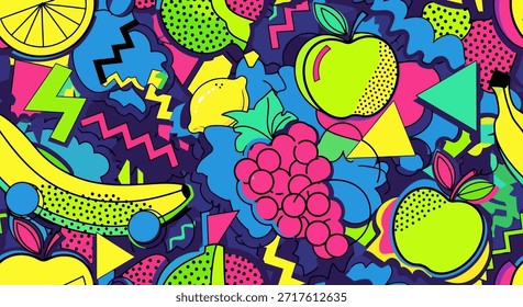 Una fruta vibrante y energética y un patrón geométrico que evoca la esencia de la estética pop art de los años 80. Este diseño lúdico es una fusión de colores brillantes, Formas abstractas y frutas deliciosas,