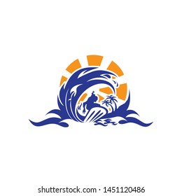 A vibrant and energetic vector illustration featuring a surfer riding a massive blue ocean wave, set against a stylized orange sun and tropical palm trees. The design captures the spirit of summer adventure, extreme water sports, and beach lifestyle. This dynamic emblem is ideal for surf shops, beach resorts, travel agencies, summer apparel brands, and water sports competitions seeking a classic yet modern coastal identity.