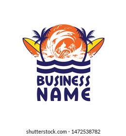 A vibrant and energetic vector illustration featuring a classic surfing paradise scene. The design showcases a massive breaking wave, silhouettes of palm trees, and surfboards set against a glowing orange sunset background with stylized ocean waves. This vintage-inspired emblem is perfect for surf schools, beach resorts, summer apparel brands, tropical travel agencies, and coastal lifestyle businesses seeking a fun and adventurous identity.