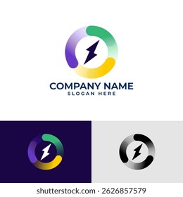 Lebhaftes Logo mit Energiethema und einem kreisförmigen Farbverlauf-Ring in Lila, Grün und Gelb, mit einem kräftigen Blitz in der Mitte. Umfasst helle, dunkle und einfarbige Branding-Variationen.