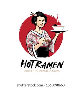 A vibrant and engaging mascot logo for Hot Ramen Authentic Japanese Cuisine. The design features a smiling geisha character in a red floral patterned kimono, holding a steaming bowl of fresh ramen on a platter. Set against a bold red sun background, this high-quality vector illustration is perfect for ramen shops, Japanese noodle bars, food delivery services, and oriental culinary branding.